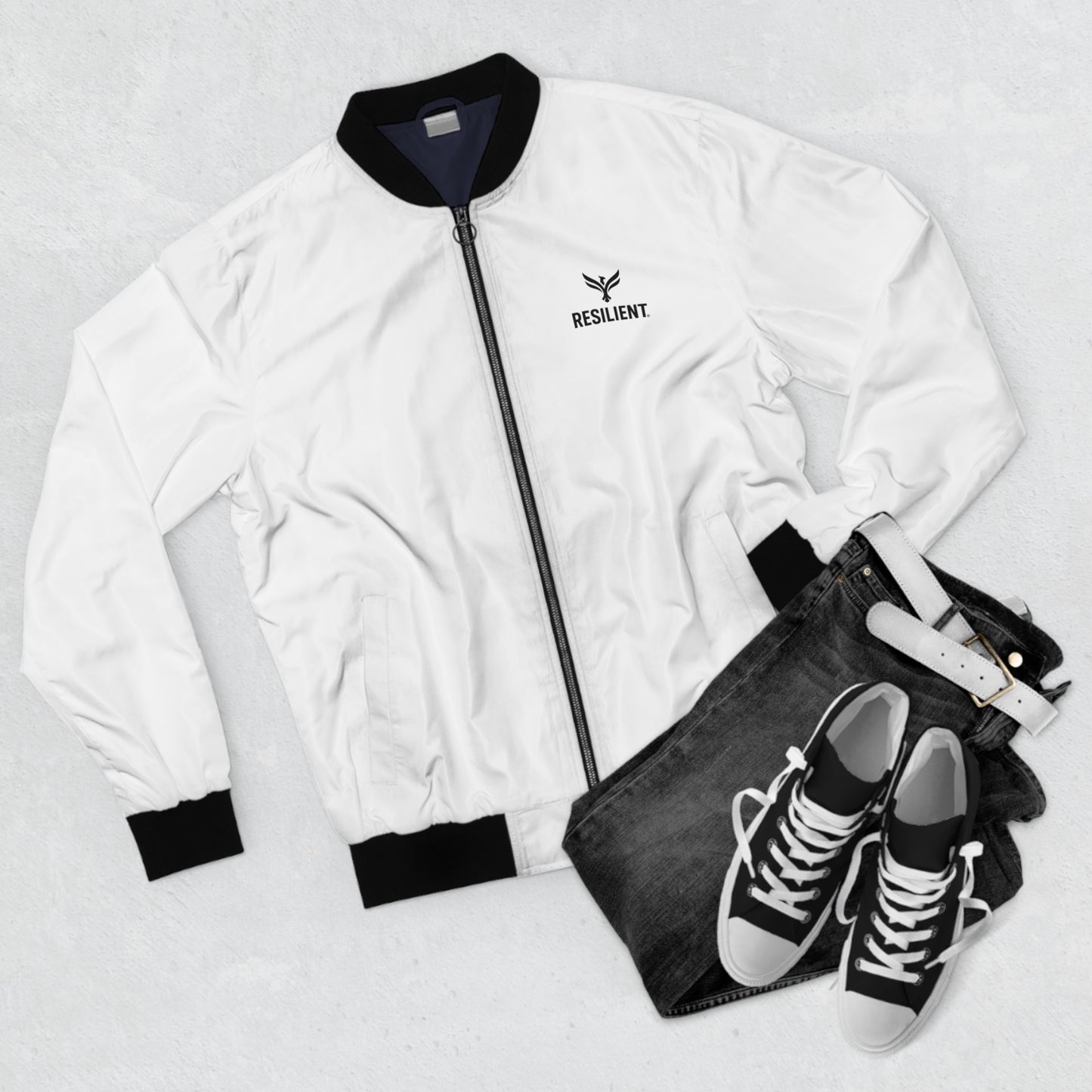 Resilient Logo Bomber Jacket — Men's Lightweight White AOP Jacket