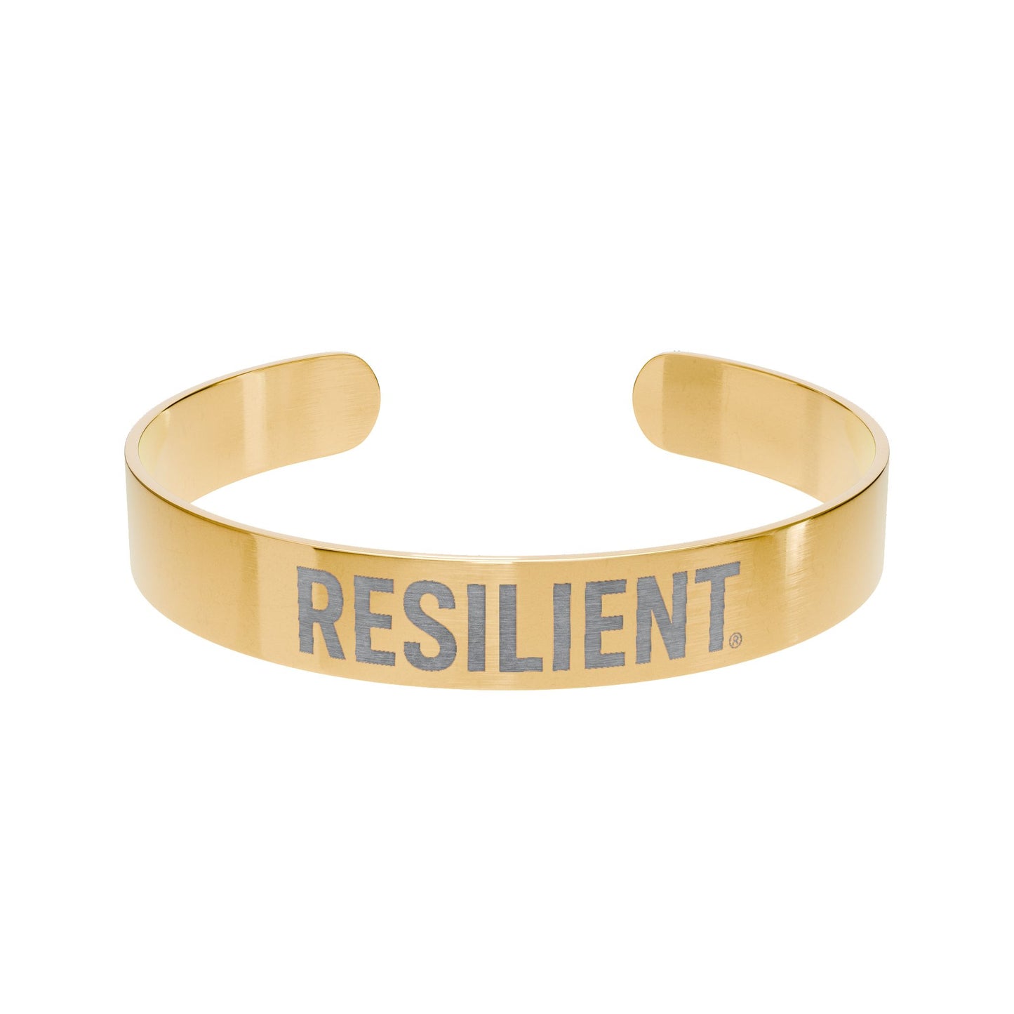 Resilient Engraved Gold Cuff Bracelet — Inspirational Adjustable Bangle