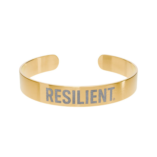 Resilient Engraved Gold Cuff Bracelet — Inspirational Adjustable Bangle